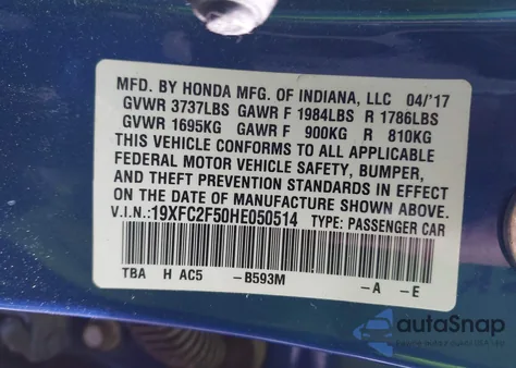 2017 Honda Civic Lx z USA, uszkodzony, nr VIN 19XFC2F50HE050514